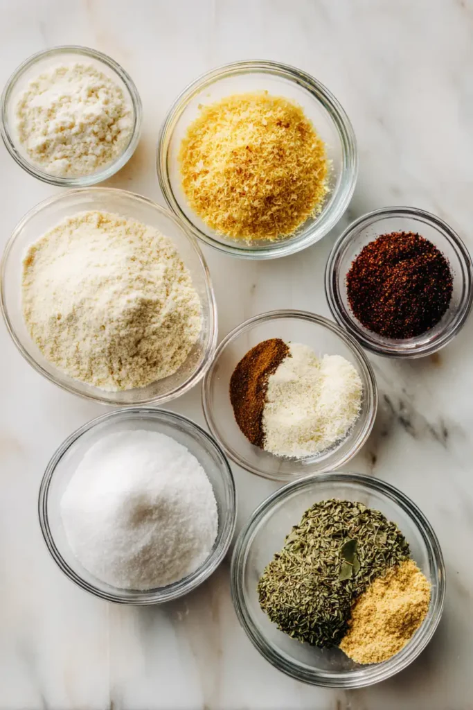 Beef Bouillon Powder 3 Beef bouillon powder ingredients laid out in small bowls including nutritional yeast and mushroom powder