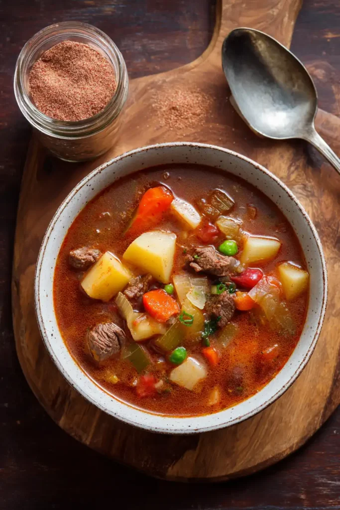 Beef Bouillon Powder 5 Steaming beef soup made with homemade beef bouillon powder in rustic bowl