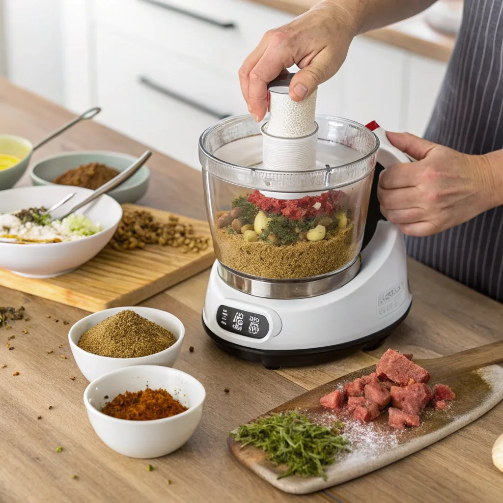 Hands blending beef bouillon powder ingredients in a food processor on a wooden kitchen countertop.