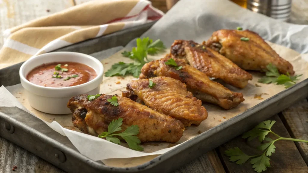 Golden-brown baked turkey wings garnished with parsley on a tray with dipping sauce.