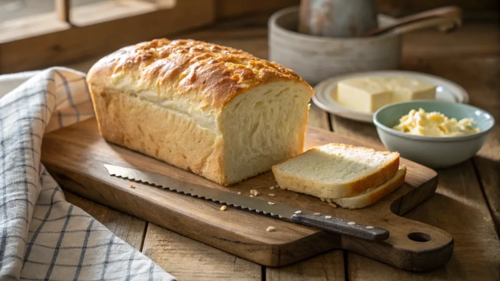 Cottage Cheese Bread Recipe 2 Freshly baked cottage cheese bread loaf on a wooden board with butter and knife.