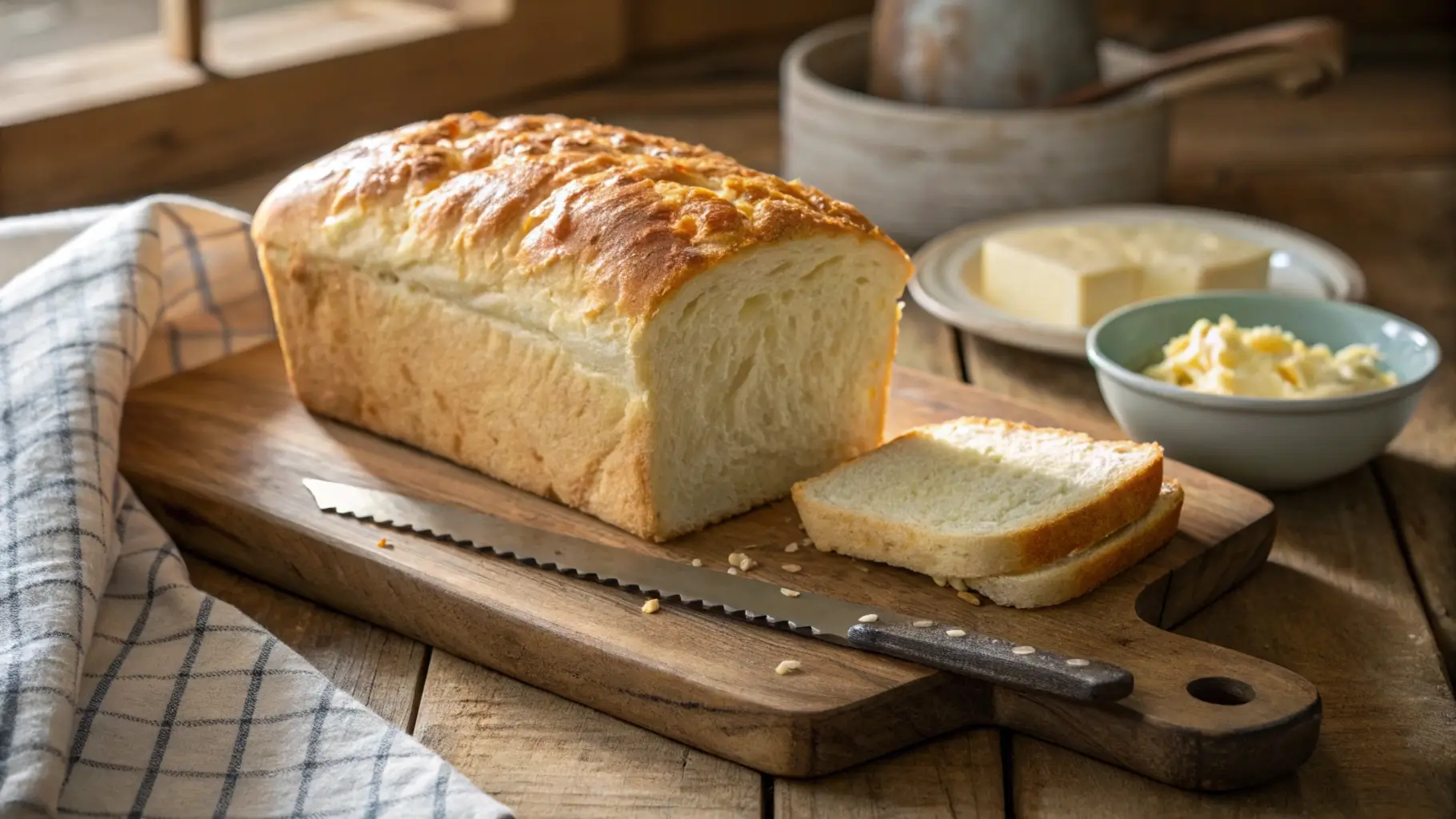Cottage Cheese Bread Recipe: The Ultimate Breakfast Delight 5 Freshly baked cottage cheese bread loaf on a wooden board with butter and knife.