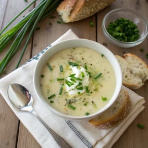 4 Ingredient Potato Soup Recipe: Quick, Simple, and Delicious 5 Bowl of creamy potato soup garnished with sour cream and cheese, served with bread and salad on a dining table.