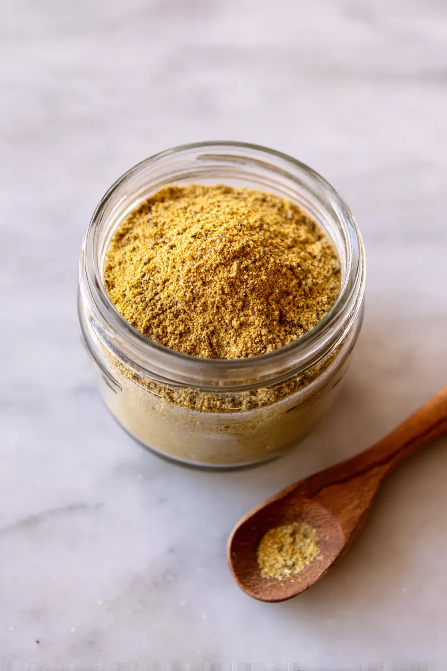 Homemade beef bouillon powder in glass jar with fresh ingredients and measuring spoon