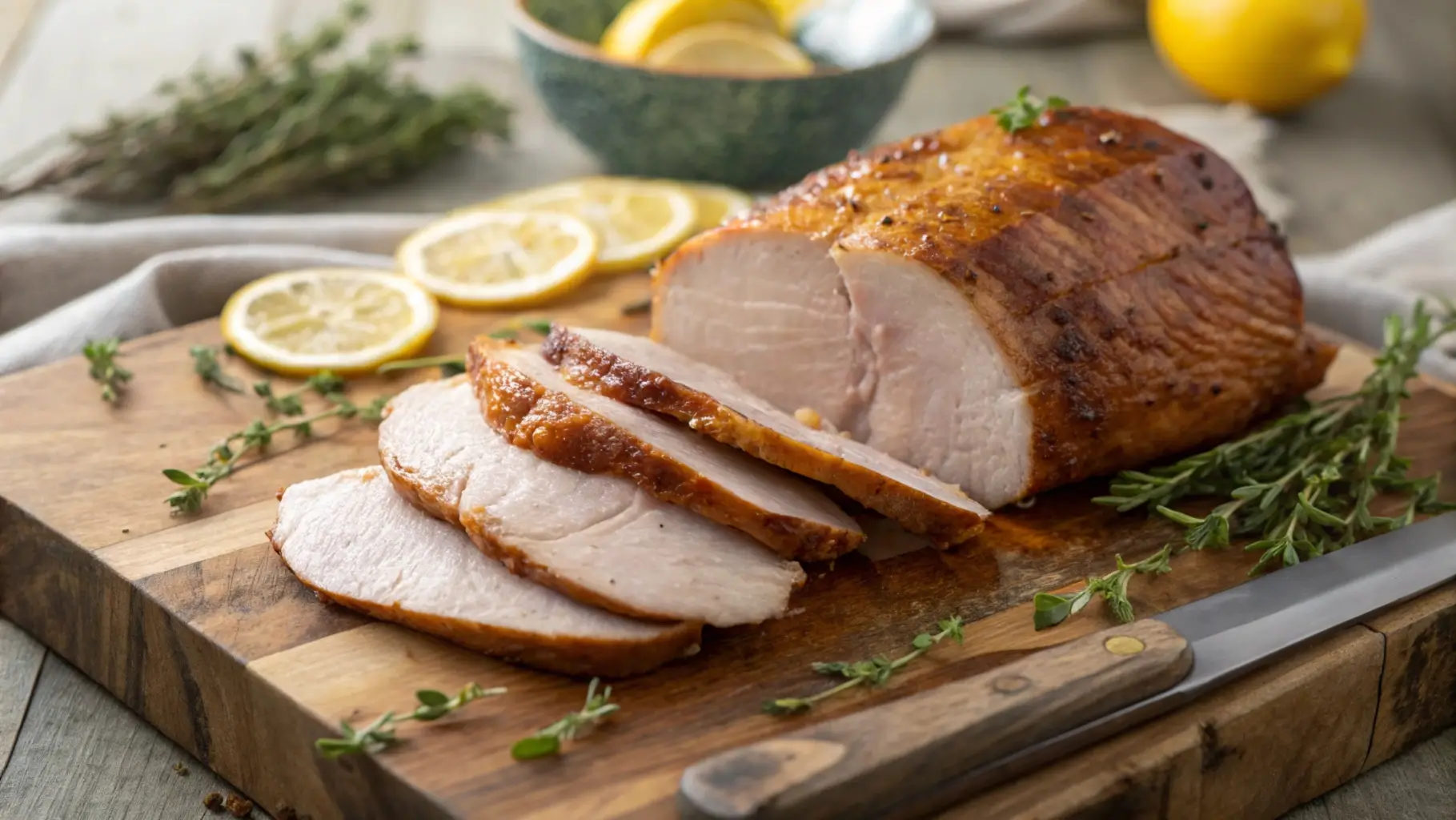 Smoked Turkey Breast Recipe: Juicy, Flavorful, and Foolproof 5 Golden smoked turkey breast sliced to reveal juicy meat, garnished with herbs and lemon wedges on a rustic wooden board.