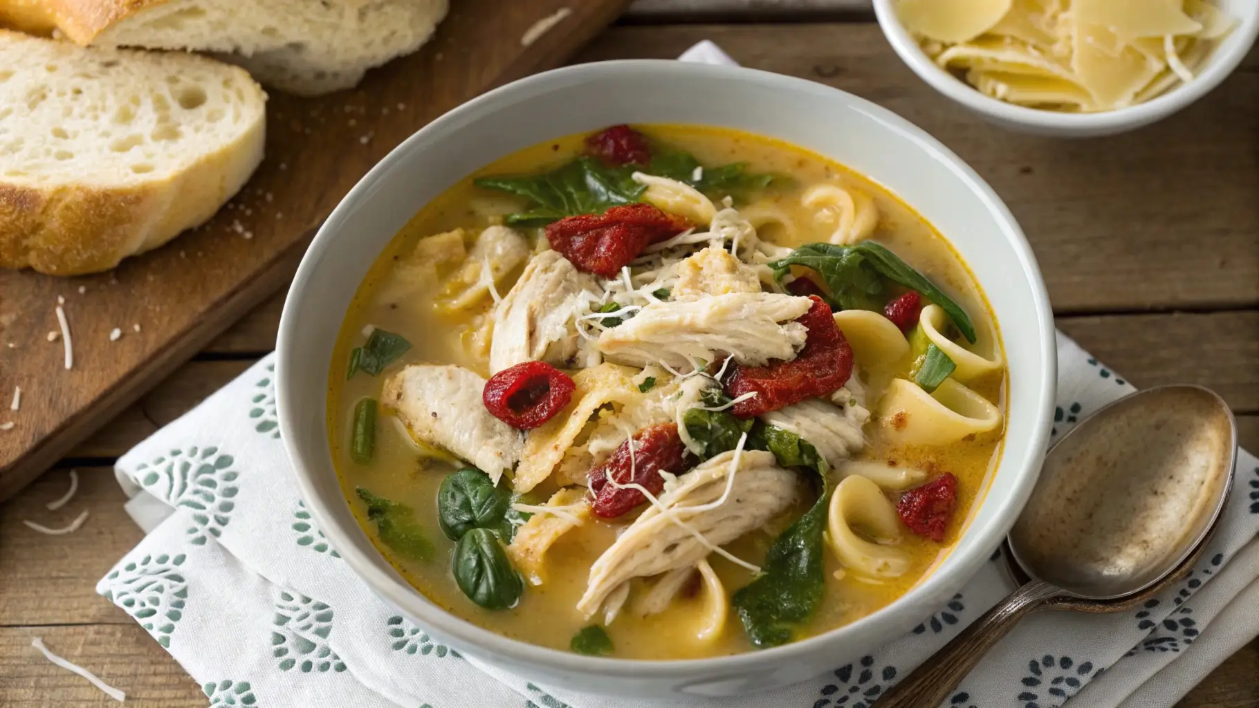 Overhead view of a steaming bowl of Marry Me Chicken Soup on a rustic table with crusty bread and grated Parmesan cheese nearby.
