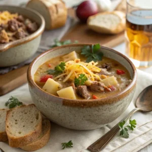 Hamburger Potato Soup: A Hearty and Creamy Comfort Food Recipe 5 A rustic ceramic bowl of creamy hamburger potato soup, garnished with shredded cheese, spicy sausage slices, and parsley, served with crusty bread and a glass of cider.