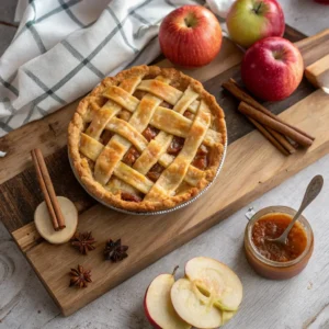 Small Apple Pie Recipe 5 Golden small apple pie with lattice topping, surrounded by fresh apples and cinnamon sticks on a rustic wooden board.