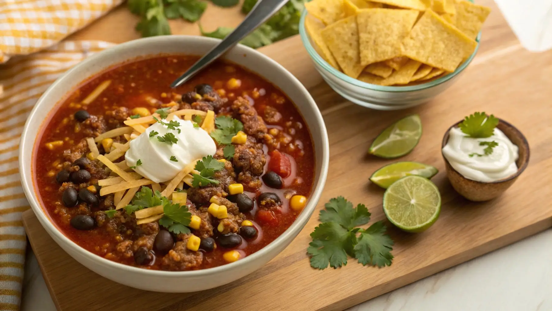 Taco Soup Frios Recipe: A Bold and Flavorful Dinner Option 5 Hearty Taco Soup Frios garnished with Fritos, cheese, and sour cream, served in a bowl with lime wedges on the side.