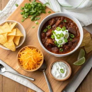 Venison Chili Recipe 5 A bowl of venison chili surrounded by toppings like cheese, sour cream, green onions, and tortilla chips, on a rustic wooden board.