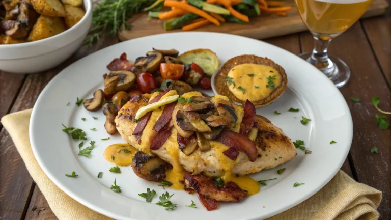 Alice Springs Chicken on a white plate with crispy bacon, mushrooms, cheese, and honey mustard sauce, garnished with parsley.
