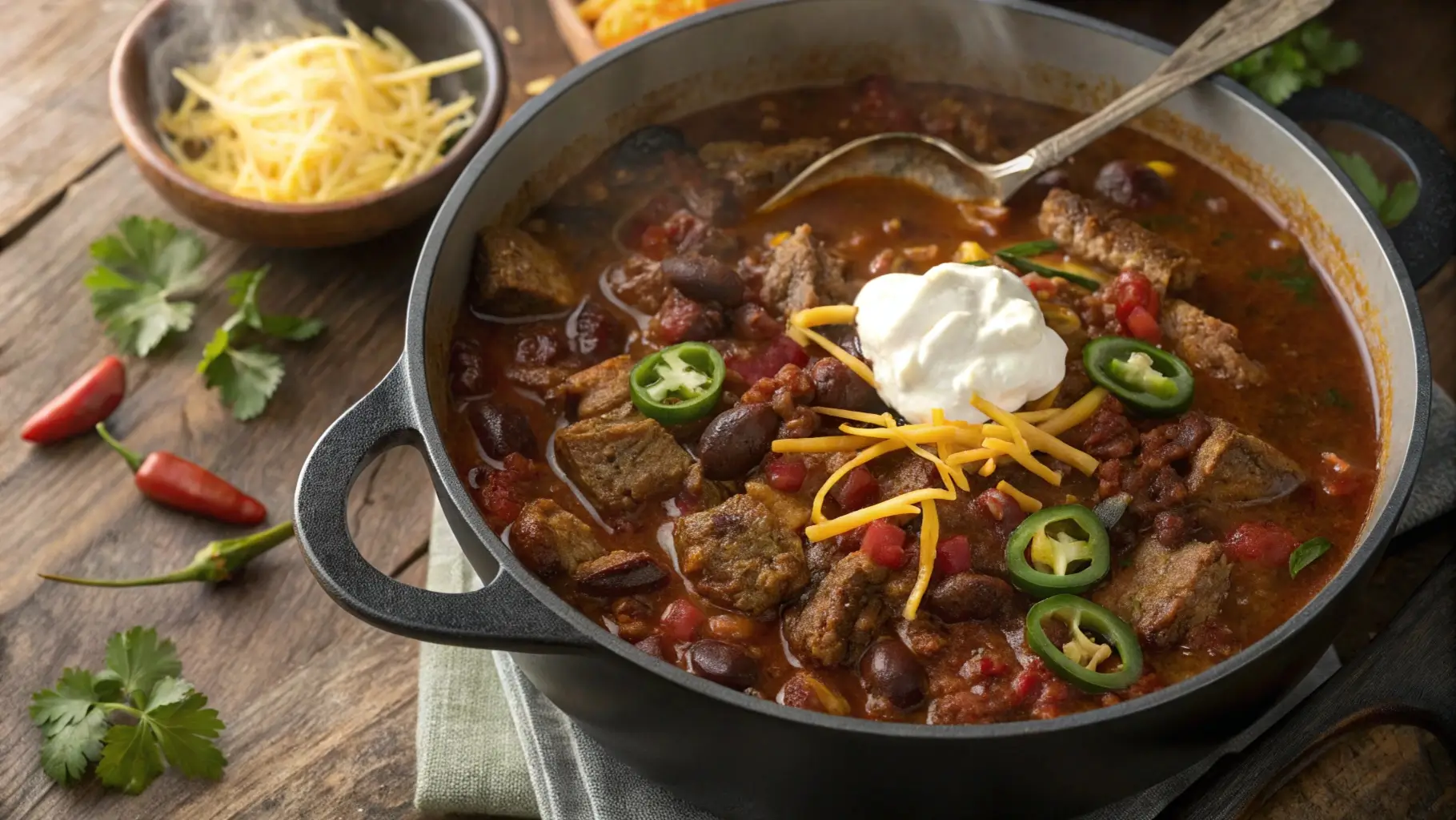 Overhead view of a steaming pot of beef brisket chili garnished with sour cream, cheddar, and jalapeños, placed on a rustic table.