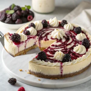 Blackberry Cheesecake Recipe 5 A finished blackberry cheesecake topped with whipped cream, fresh blackberries, and a drizzle of blackberry puree, with a slice being served.