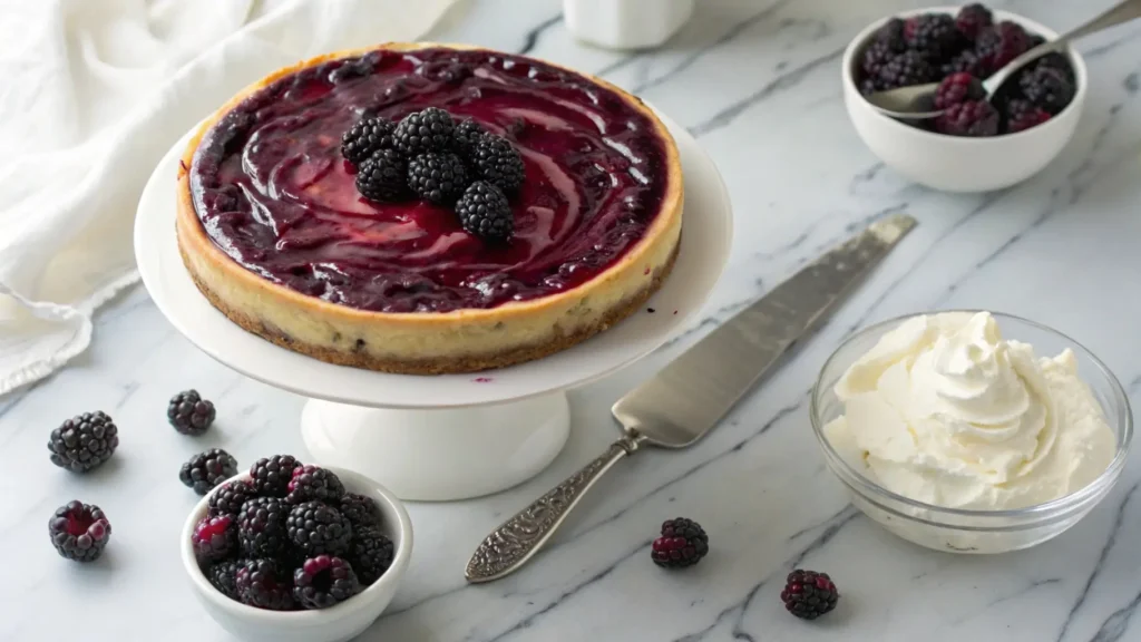 Blackberry Cheesecake Recipe 2 A close-up overhead shot of a blackberry cheesecake with a vibrant blackberry swirl on a white cake stand, garnished with fresh blackberries and whipped cream.