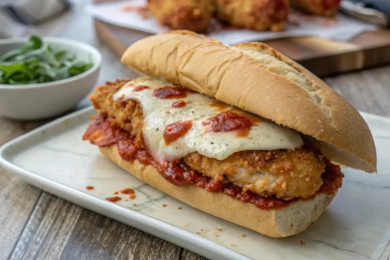 Delicious chicken parmesan sandwich with crispy chicken, melted cheese, and marinara sauce on a hoagie roll.
