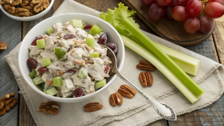 Close-up of a creamy chicken salad served in a white bowl, surrounded by grapes, celery sticks, and pecans on a rustic wooden table.