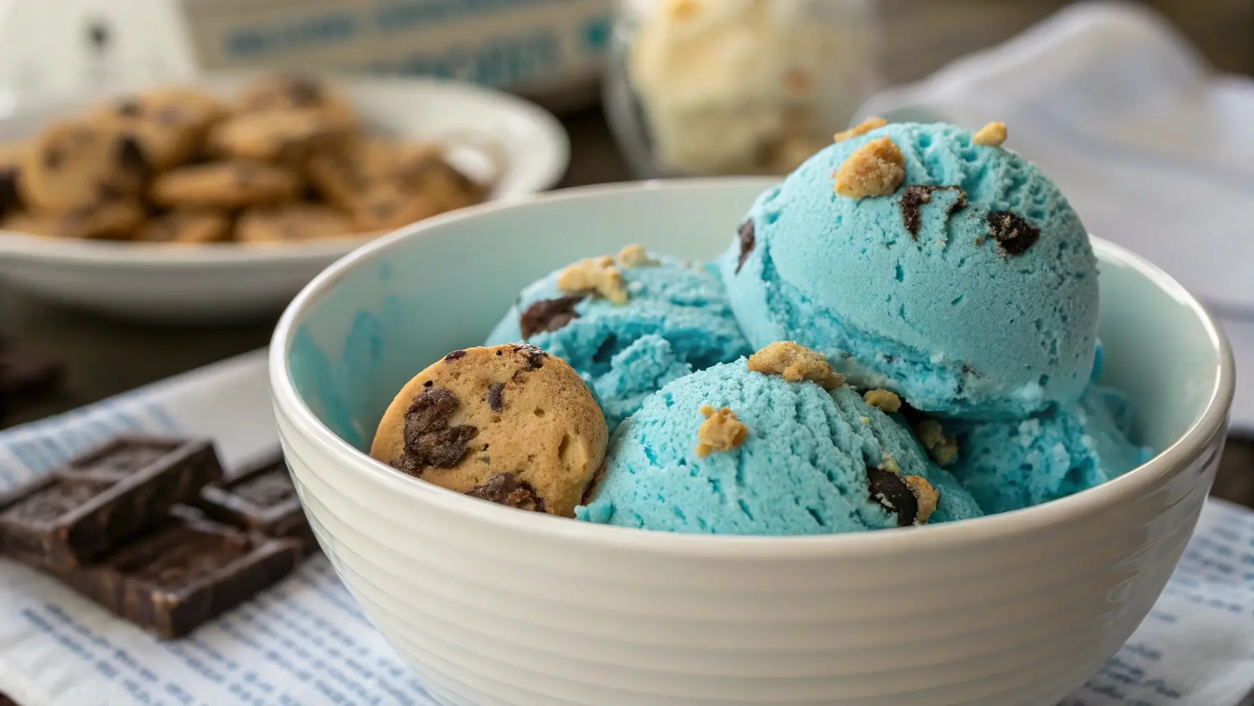 Cookie Monster Ice Cream 5 Bright blue Cookie Monster ice cream in a waffle cone, loaded with Oreos and chocolate chip cookies, served on a marble kitchen counter.