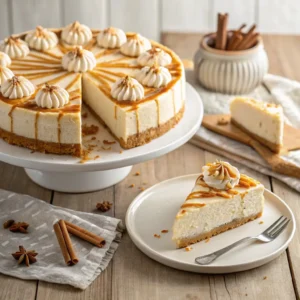 Churro Cheesecake Recipe: Sweet and Simple Dessert 5 A beautifully decorated churro cheesecake topped with whipped cream and caramel, with a slice served on a plate.
