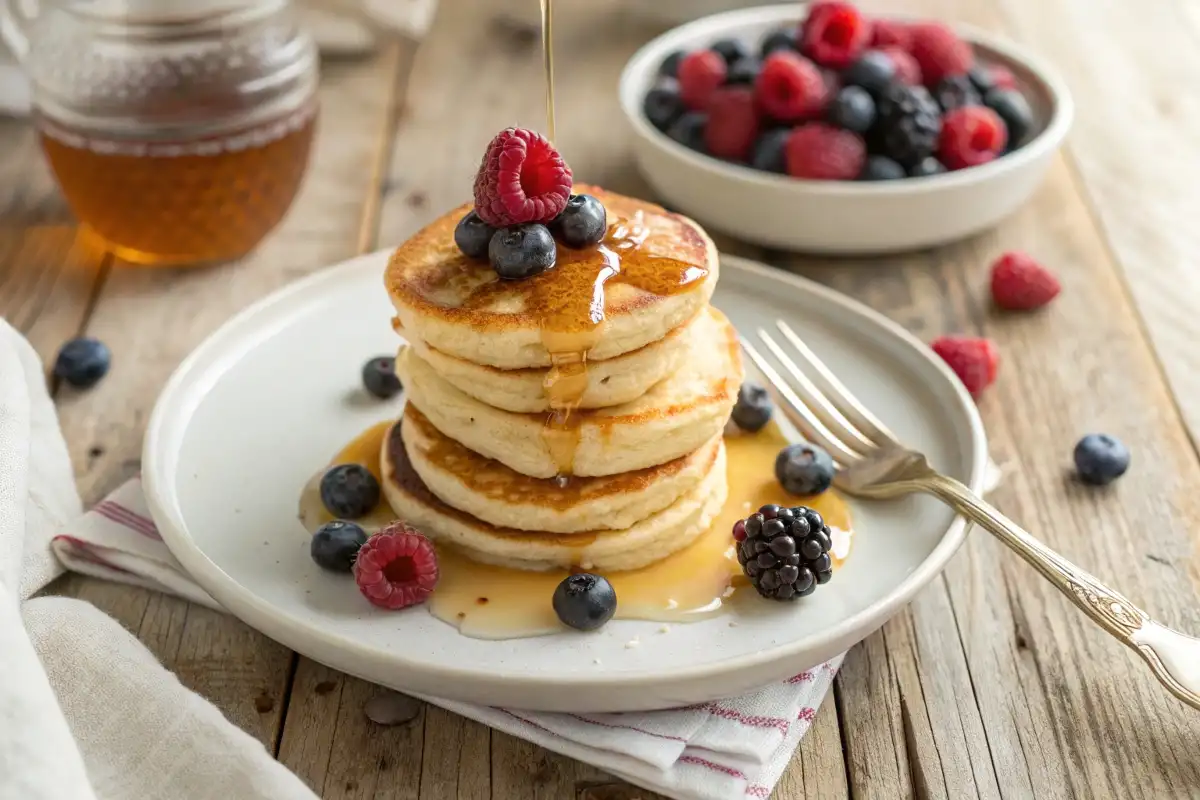 Delicious Mini Pancakes 5 Fluffy mini pancakes drizzled with syrup and topped with berries on a breakfast table.
