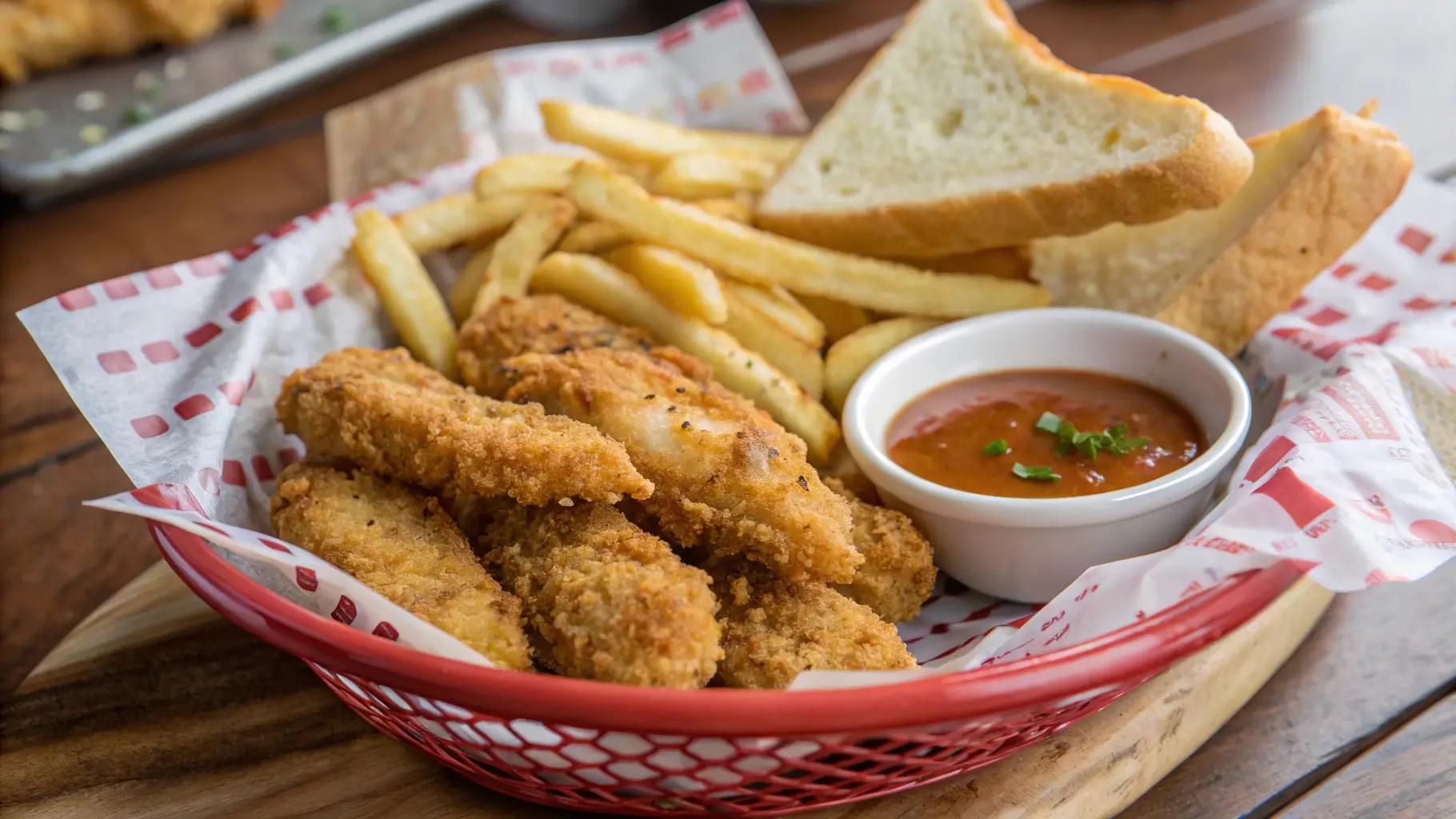 How to Make Cane’s Chicken Recipe at Home 5 Featured image of Cane’s-style chicken fingers served with dipping sauce, fries, and Texas toast.