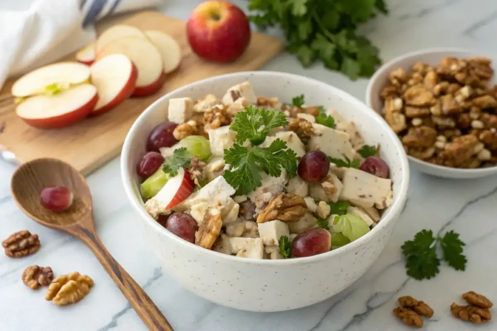 Waldorf Chicken Salad 2 Delicious Waldorf chicken salad with apples, grapes, and walnuts in a white bowl, perfect for a healthy lunch or meal prep.