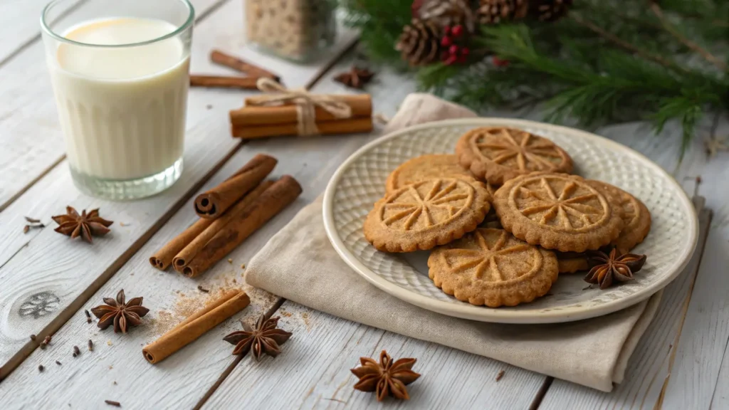 Freshly baked windmill cookies on a rustic wooden table with a steaming cup of coffee and warm spices.