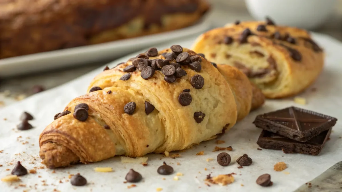 Cookie Croissant Recipe: How to Make the Viral Crookie at Home 5 Buttery cookie croissant sliced open to reveal gooey chocolate chip filling on a rustic wooden board.