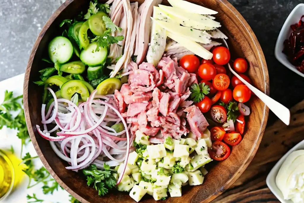 Grinder Salad Recipe 2 Grinder Salad Recipe in a bowl with deli meats, lettuce, cheese, and creamy dressing.