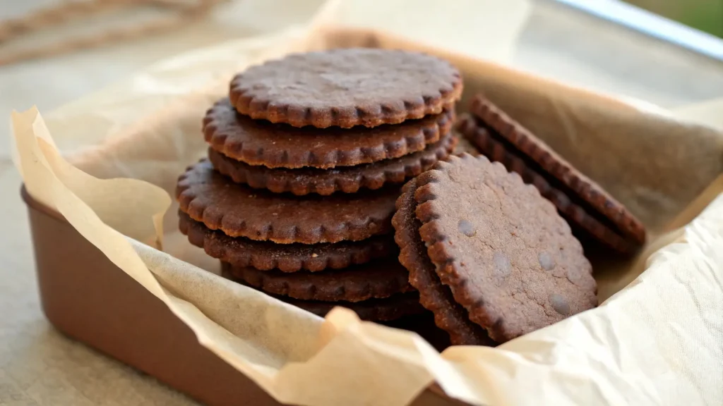 Stack of crispy homemade chocolate wafer cookies on a wooden board with cocoa powder and a glass of milk.