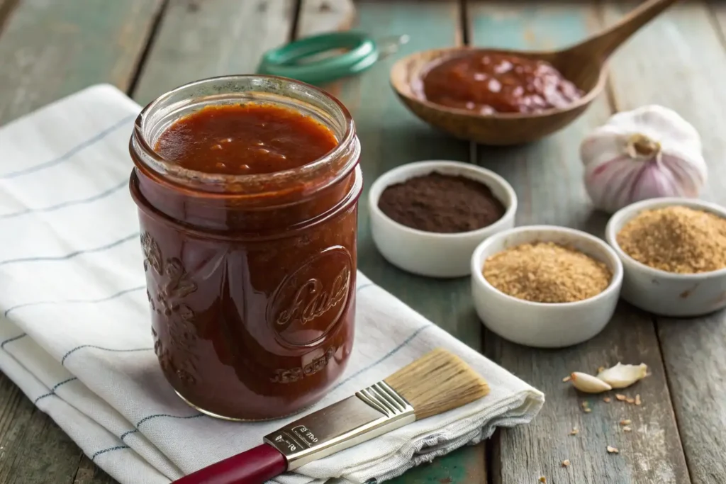 Kansas City BBQ Sauce 2 Kansas City BBQ sauce in a mason jar with a basting brush on the side
