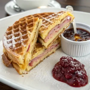 Waffle Sandwich Recipe 5 Monte Cristo waffle sandwich served with raspberry jam and powdered sugar.