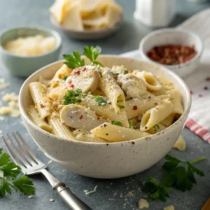 Garlic Parmesan Chicken Pasta: Easy Crockpot Dinner Recipe 5 A plated serving of Garlic Parmesan Chicken Pasta with parsley and Parmesan cheese, paired with garlic bread and white wine.