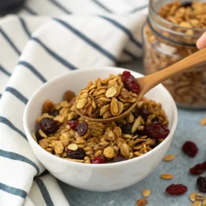 Protein Granola Recipe 4 A bowl of protein granola with dried cranberries and nuts, with a wooden spoon scooping it up, perfect for a healthy breakfast or snack.