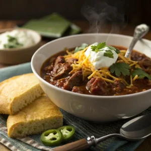 Beef Brisket Chili Recipe 5 Close-up of a bowl of beef brisket chili topped with sour cream, cheddar, jalapeños, and cilantro, served with cornbread.