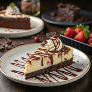 Brownie Cheesecake Recipe: A Decadent Fusion of Two Classics 5 A slice of brownie cheesecake with chocolate ganache and whipped cream served on a plate, with the full cheesecake in the background.