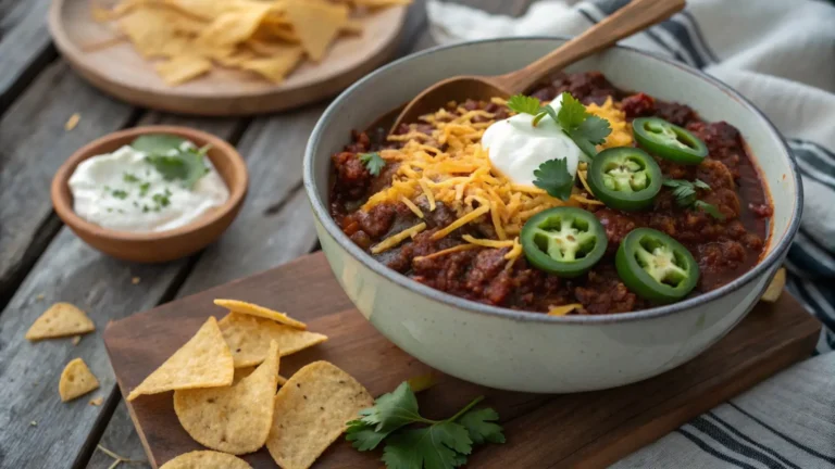 Smoked chili served in a rustic bowl topped with cheddar cheese, jalapeños, sour cream, and fresh cilantro, surrounded by tortilla chips on a wooden table.