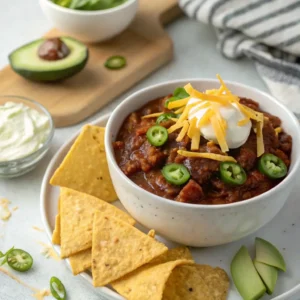 Smoked Chili Recipe 5 A serving of smoked chili in a bowl topped with avocado, jalapeños, sour cream, and cheddar, accompanied by cornbread and tortilla chips.