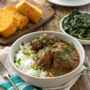Turkey Necks: The Ultimate Smothered Recipe for a Flavorful Feast 5 Finished smothered turkey necks with gravy served over rice with cornbread and collard greens.