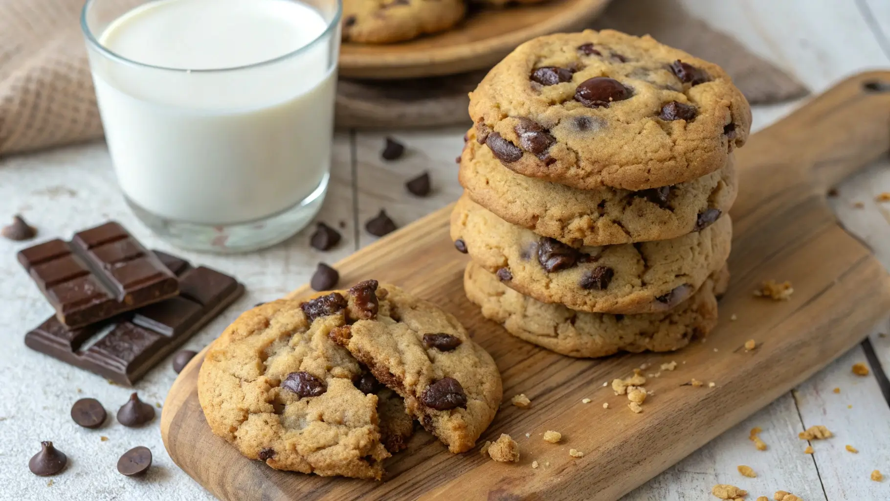Crumbl Cookie Recipe: The Ultimate Guide to Perfect Copycat Cookies at Home 5 Stack of gooey chocolate chip cookies on a wooden board with milk, showcasing a homemade Crumbl cookie recipe.