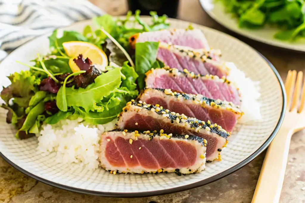 Tuna Sashimi Recipe 2 Fresh tuna sashimi plated beautifully with soy sauce and wasabi.