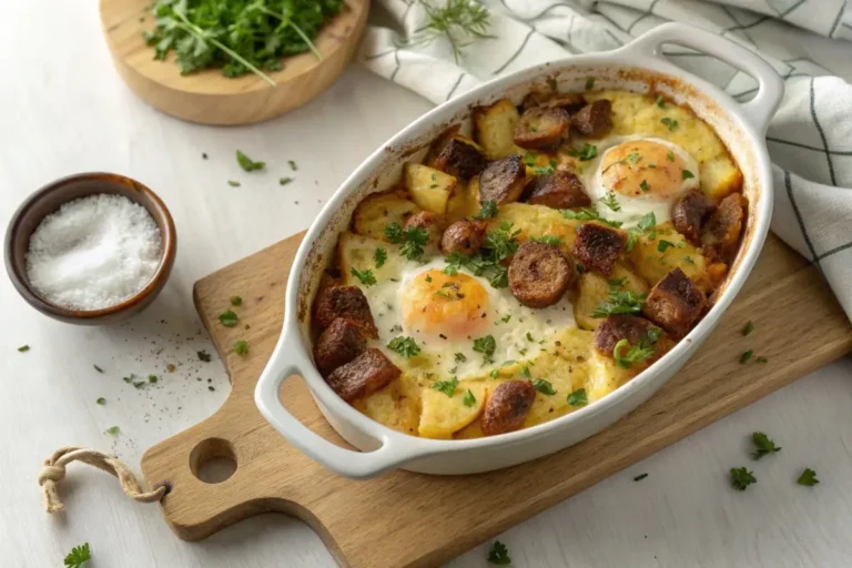 Freshly baked Irish breakfast casserole with golden potatoes, sausage, and eggs in a white dish, garnished with parsley.