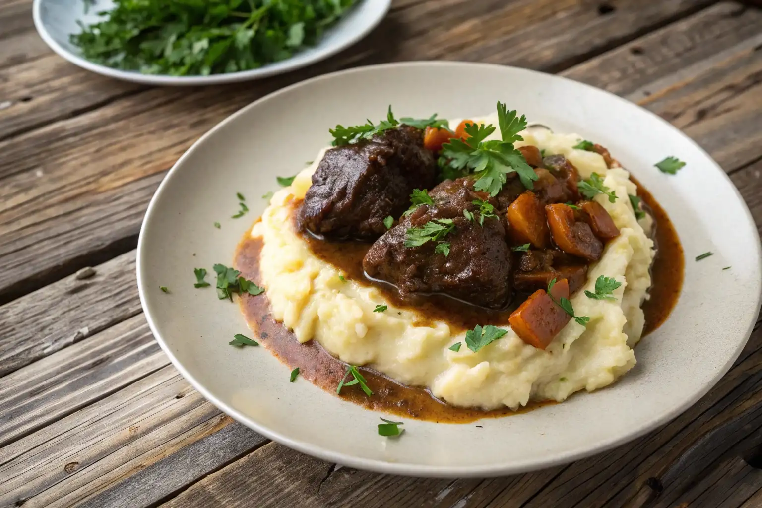 Braised Beef Cheeks 5 Braised beef cheeks recipe with red wine, served with mashed potatoes.