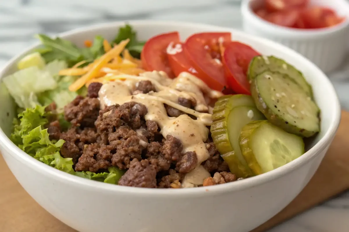 Burger Bowls: A Flavor-Packed Low-Carb Classic 5 Burger Bowl – Assembling a fresh and flavorful burger bowl with crisp veggies and creamy sauce.