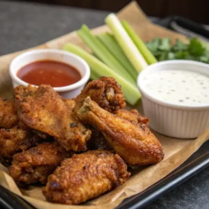 Crispy Baked Chicken Wings Recipe 4 Crispy baked chicken wings with different flavor variations like Buffalo, honey garlic, and lemon pepper.
