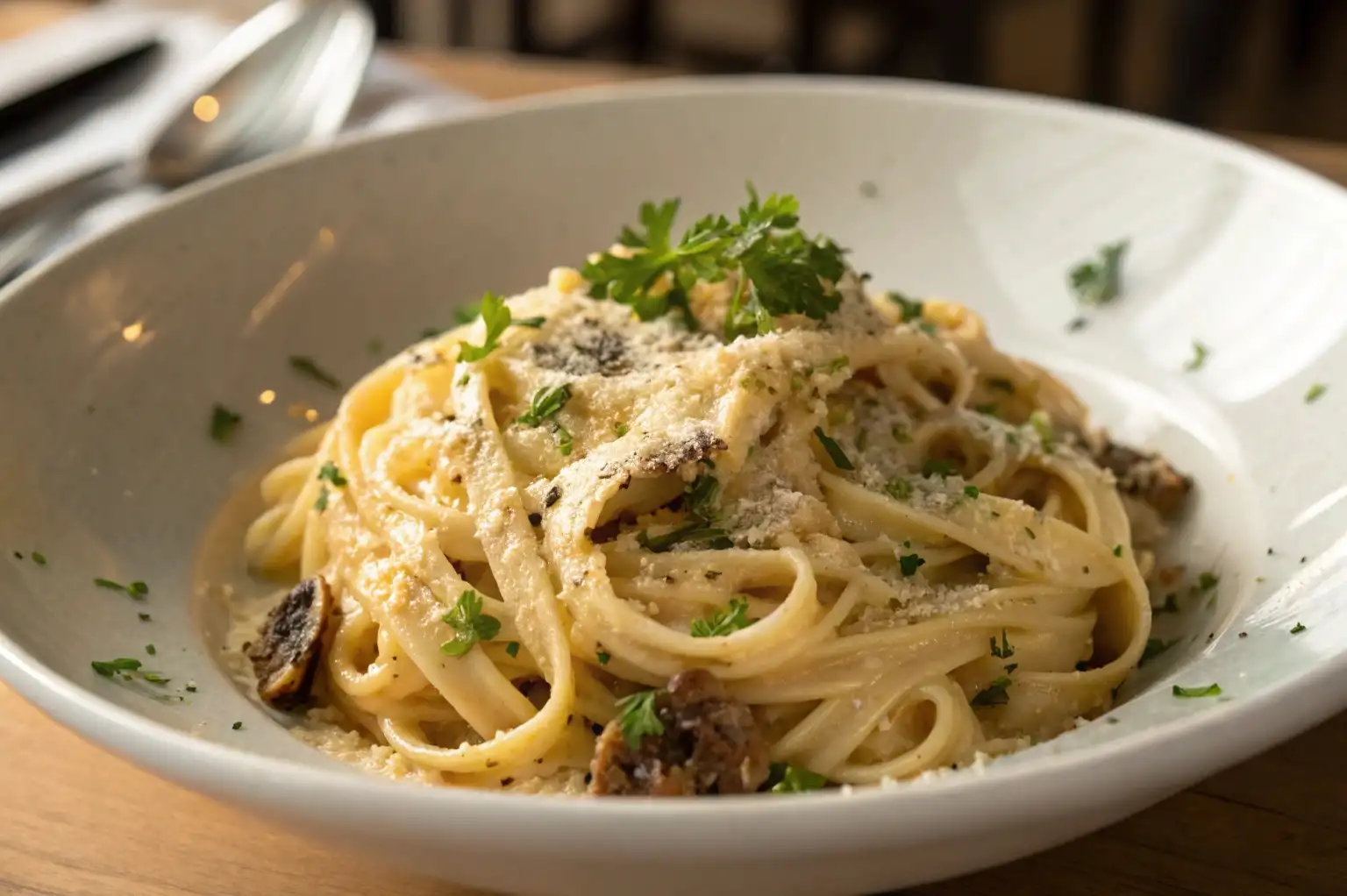 Truffle Pasta 5 Truffle Pasta Recipe served in a white bowl with creamy sauce, Parmesan, and parsley.