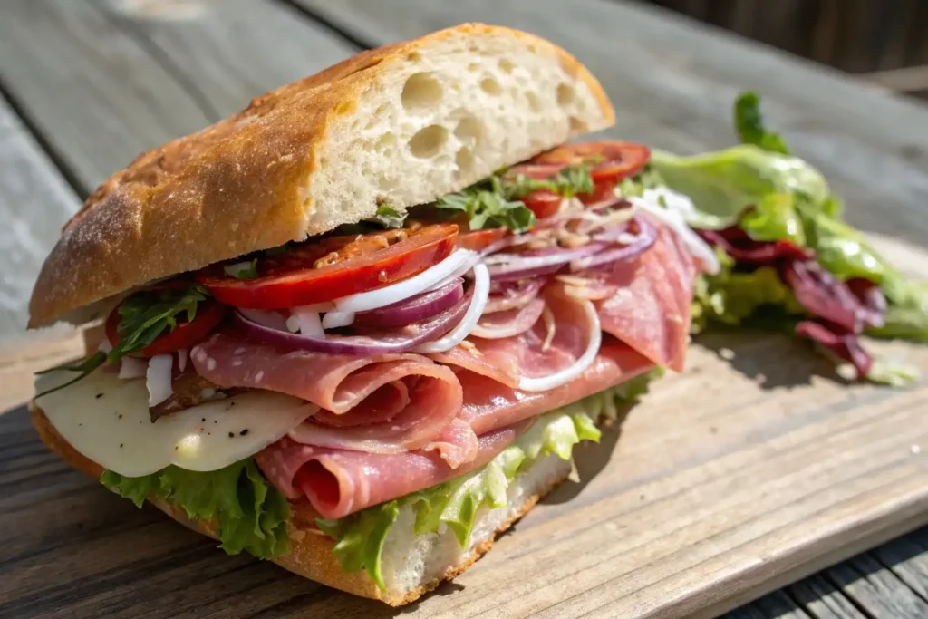Grinder sandwich with layers of deli meats, provolone cheese, and fresh veggies