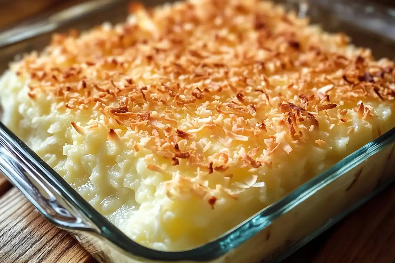 Ooey Gooey Coconut Cake 5 Gooey Coconut Cake with a golden, toasted coconut topping in a glass dish.