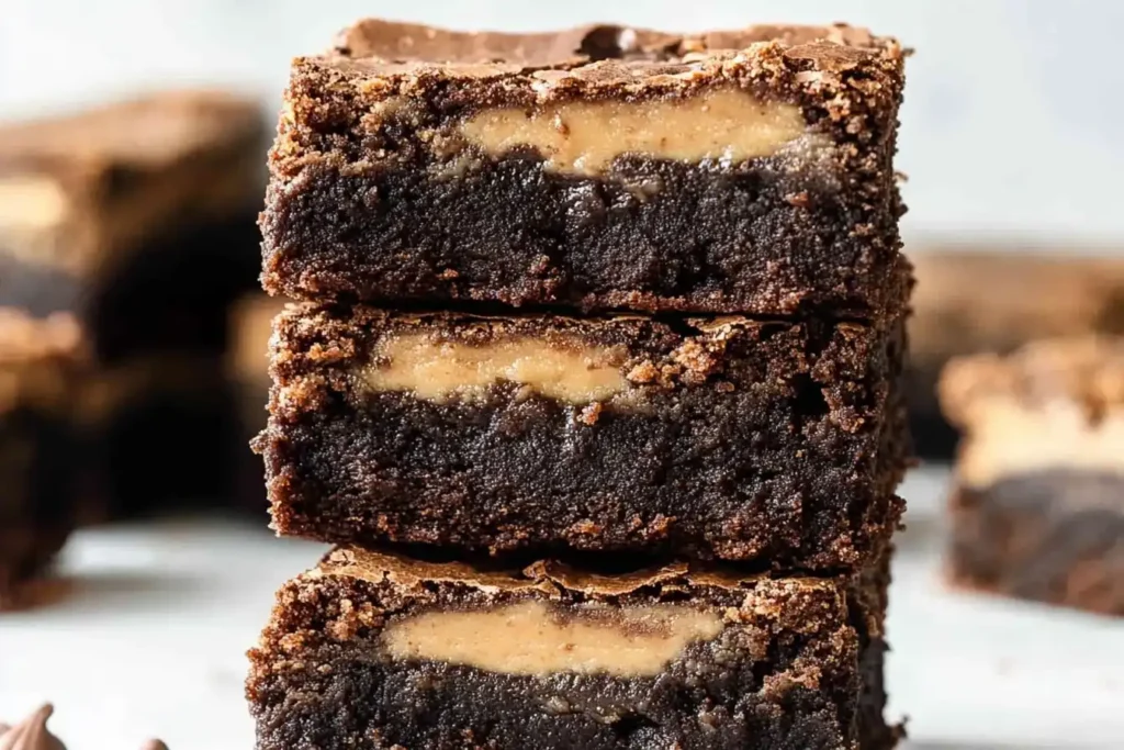 Peanut Butter Brownie Bars 2 A stack of fudgy Peanut Butter Brownie Bars with a gooey peanut butter layer and chocolate drizzle, placed on a rustic wooden surface.