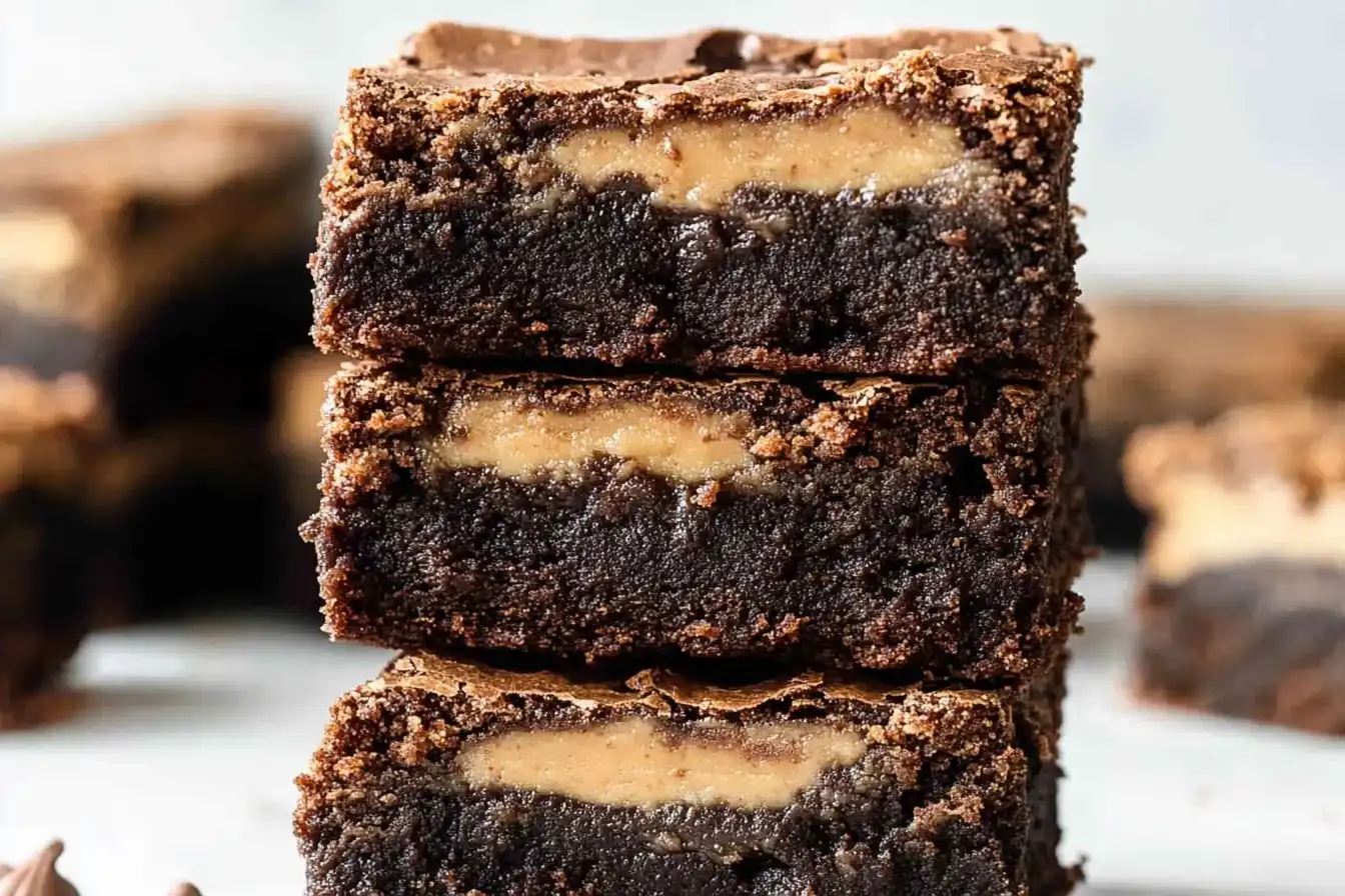 Peanut Butter Brownie Bars 5 A stack of fudgy Peanut Butter Brownie Bars with a gooey peanut butter layer and chocolate drizzle, placed on a rustic wooden surface.