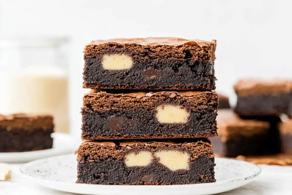 Close-up of stacked Slutty Brownies with gooey brownie, Oreo, and cookie dough layers.